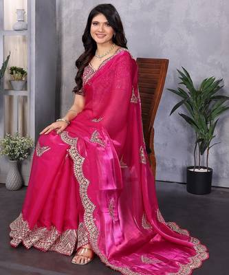 Pink embroidered embellished shimmer chiffon bollywood saree with blouse 2