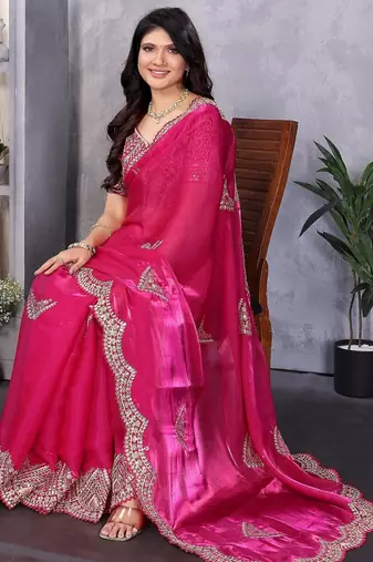Pink embroidered embellished shimmer chiffon bollywood saree with blouse