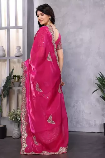 Pink embroidered embellished shimmer chiffon bollywood saree with blouse