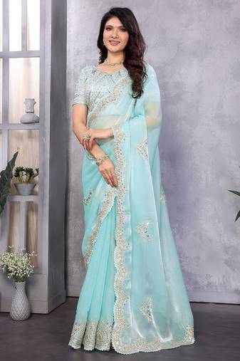 Sky blue embroidered embellished shimmer chiffon bollywood saree with blouse