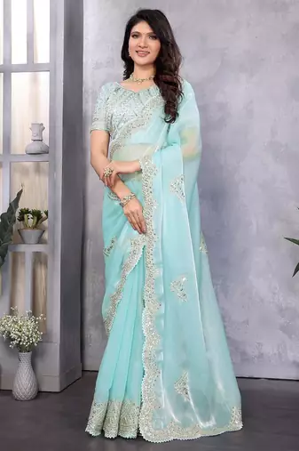 Sky blue embroidered embellished shimmer chiffon bollywood saree with blouse