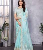 Sky blue embroidered embellished shimmer chiffon bollywood saree with blouse