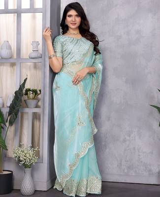 Sky blue embroidered embellished shimmer chiffon bollywood saree with blouse 2
