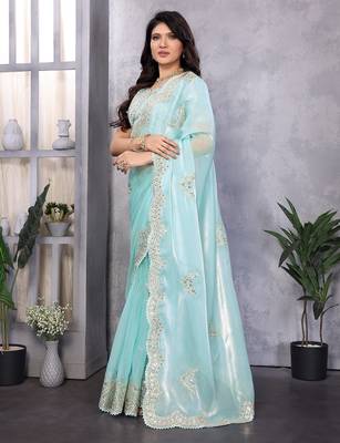 Sky blue embroidered embellished shimmer chiffon bollywood saree with blouse 3