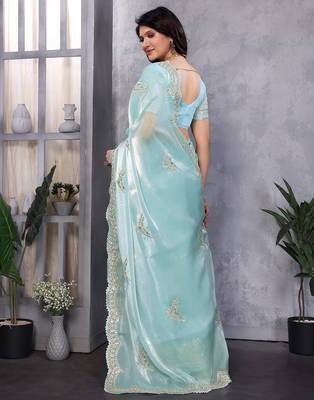 Sky blue embroidered embellished shimmer chiffon bollywood saree with blouse 4