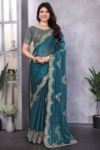 Teal blue embroidered embellished shimmer chiffon bollywood saree with blouse