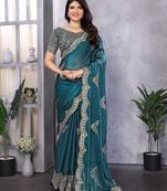 Teal blue embroidered embellished shimmer chiffon bollywood saree with blouse