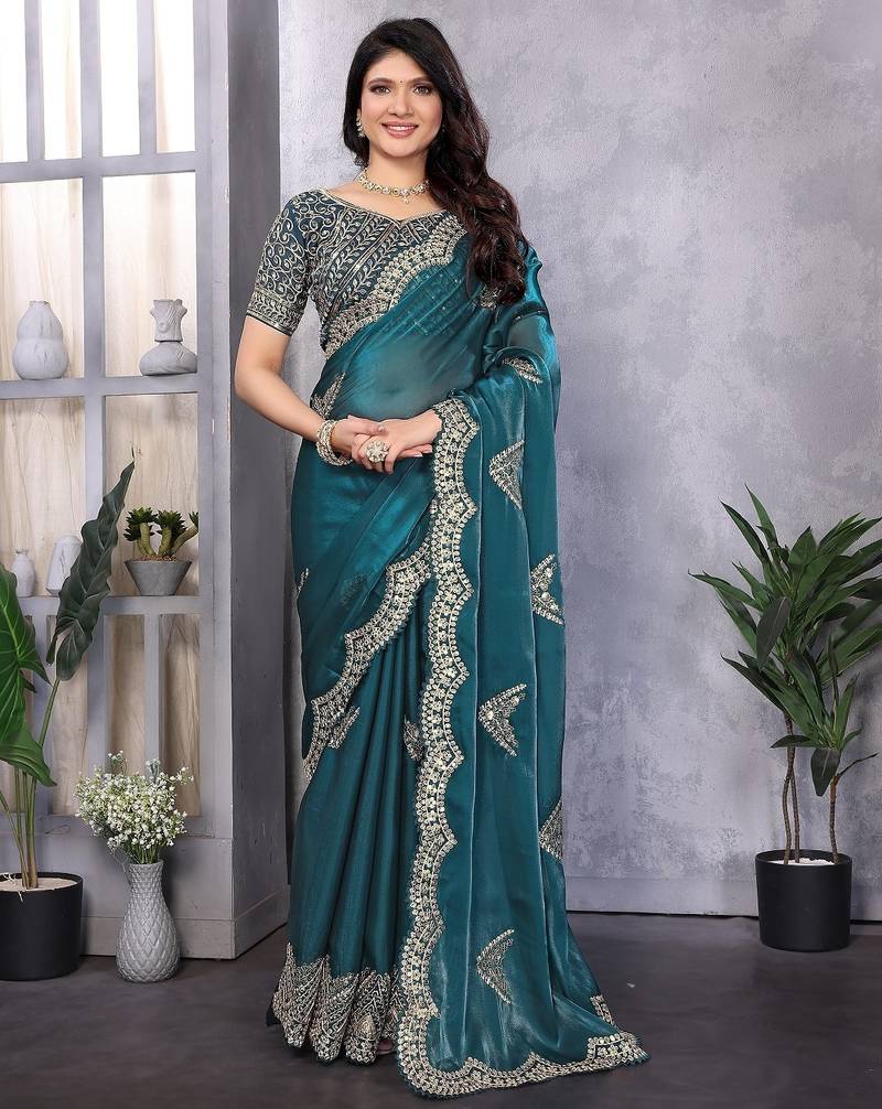 Teal blue embroidered embellished shimmer chiffon bollywood saree with blouse