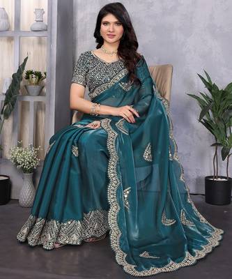 Teal blue embroidered embellished shimmer chiffon bollywood saree with blouse 2