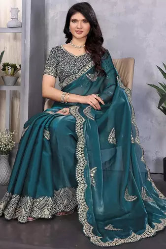 Teal blue embroidered embellished shimmer chiffon bollywood saree with blouse