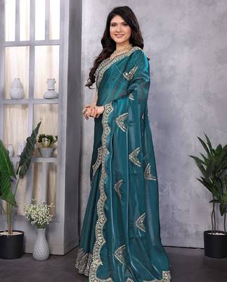 Teal blue embroidered embellished shimmer chiffon bollywood saree with blouse 3