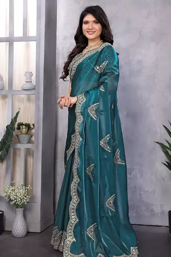 Teal blue embroidered embellished shimmer chiffon bollywood saree with blouse