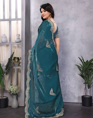 Teal blue embroidered embellished shimmer chiffon bollywood saree with blouse 4