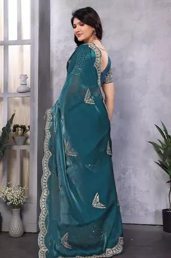Teal blue embroidered embellished shimmer chiffon bollywood saree with blouse