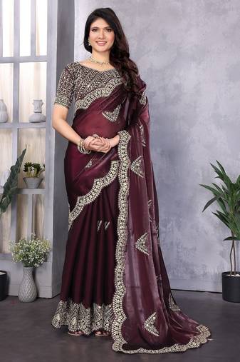 Wine embroidered embellished shimmer chiffon bollywood saree with blouse