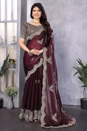 Wine embroidered embellished shimmer chiffon bollywood saree with blouse
