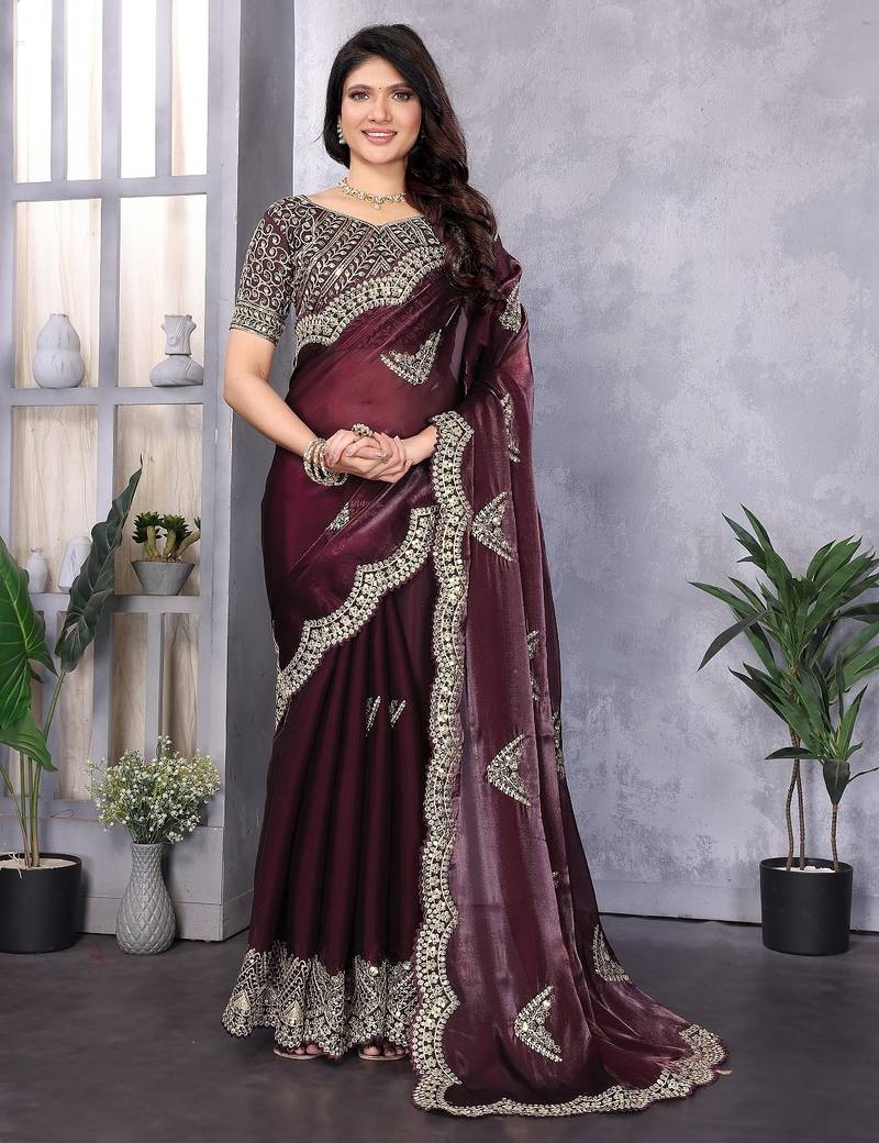 Wine embroidered embellished shimmer chiffon bollywood saree with blouse
