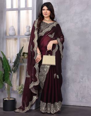 Wine embroidered embellished shimmer chiffon bollywood saree with blouse 2
