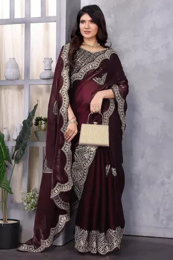 Wine embroidered embellished shimmer chiffon bollywood saree with blouse