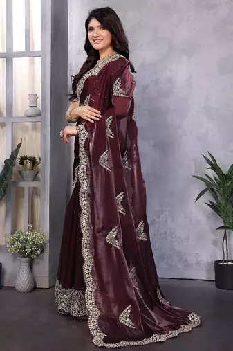 Wine embroidered embellished shimmer chiffon bollywood saree with blouse