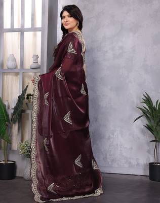 Wine embroidered embellished shimmer chiffon bollywood saree with blouse 4