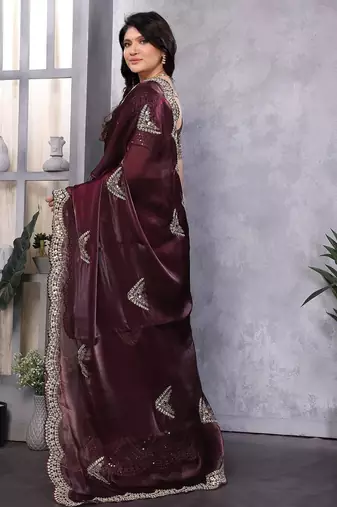 Wine embroidered embellished shimmer chiffon bollywood saree with blouse