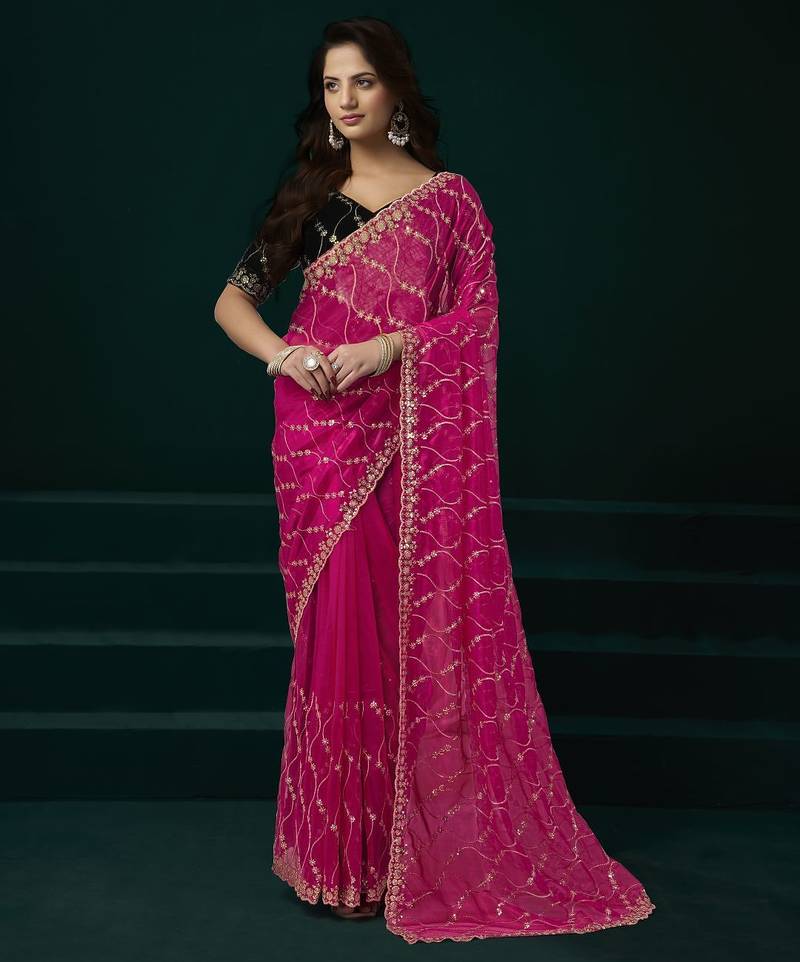 Dark pink embroidered embellished bollywood net saree with blouse
