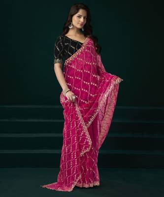 Dark pink embroidered embellished bollywood net saree with blouse 2