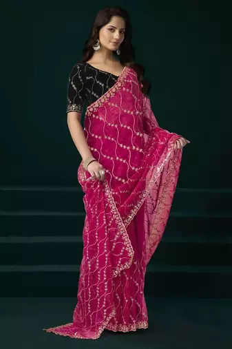 Dark pink embroidered embellished bollywood net saree with blouse