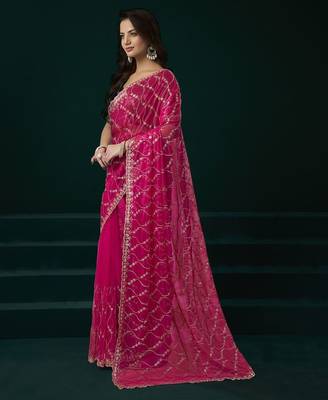 Dark pink embroidered embellished bollywood net saree with blouse 3
