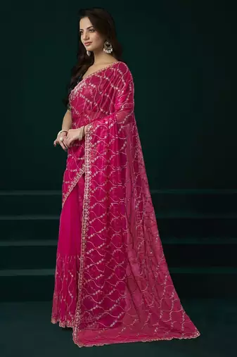 Dark pink embroidered embellished bollywood net saree with blouse