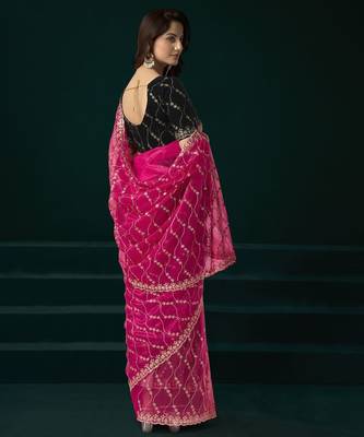 Dark pink embroidered embellished bollywood net saree with blouse 4