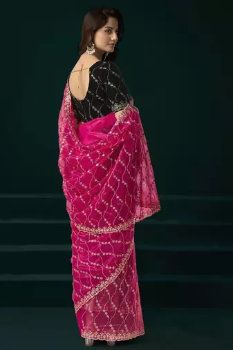 Dark pink embroidered embellished bollywood net saree with blouse