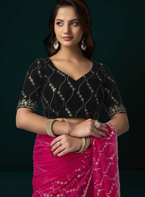 Dark pink embroidered embellished bollywood net saree with blouse 5