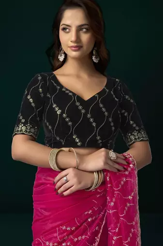 Dark pink embroidered embellished bollywood net saree with blouse