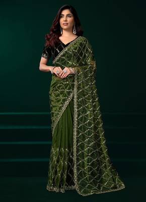 Green embroidered embellished bollywood net saree with blouse 1