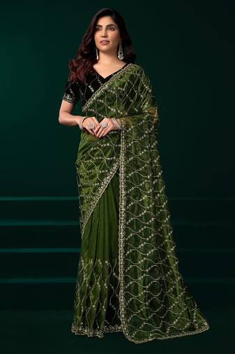 Green embroidered embellished bollywood net saree with blouse