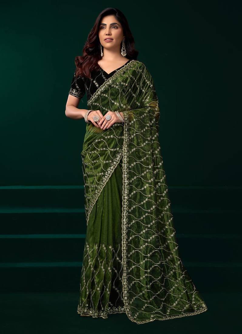 Green embroidered embellished bollywood net saree with blouse
