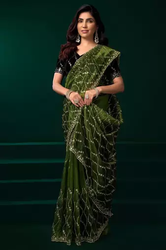 Green embroidered embellished bollywood net saree with blouse