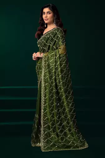 Green embroidered embellished bollywood net saree with blouse