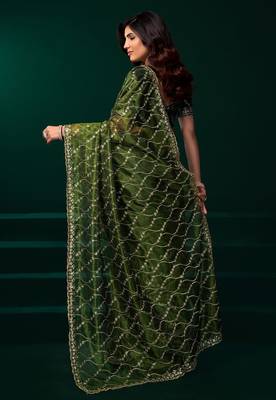 Green embroidered embellished bollywood net saree with blouse 4