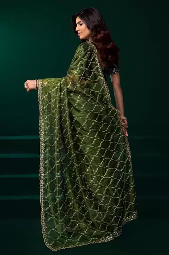 Green embroidered embellished bollywood net saree with blouse