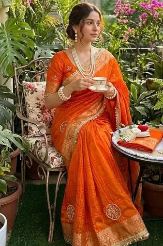 Orange Color weaving jacquard border and sequence lace border Satin saree