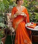Orange Color weaving jacquard border and sequence lace border Satin saree