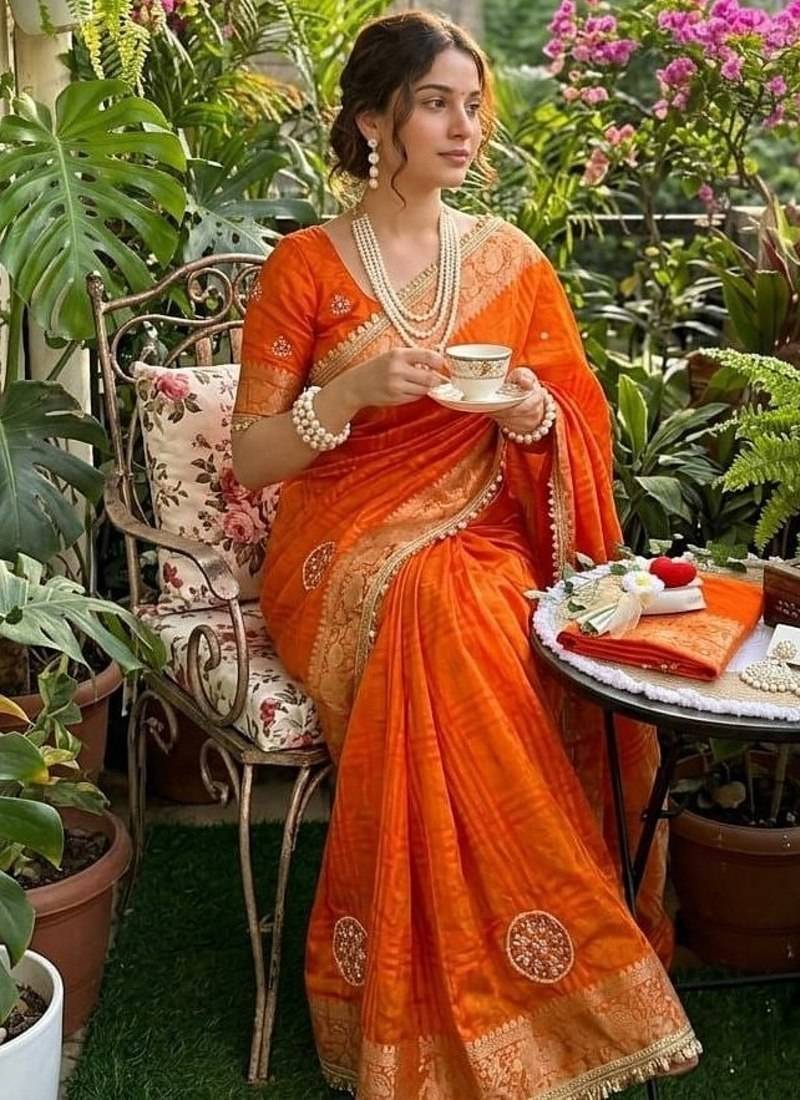 Orange Color weaving jacquard border and sequence lace border Satin saree