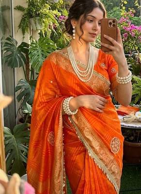 Orange Color weaving jacquard border and sequence lace border Satin saree 2