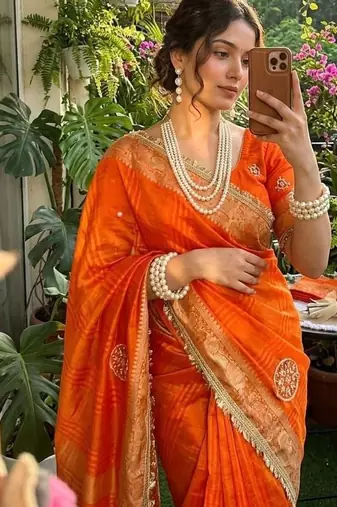 Orange Color weaving jacquard border and sequence lace border Satin saree