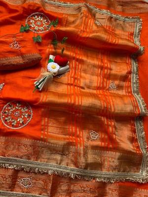Orange Color weaving jacquard border and sequence lace border Satin saree 3