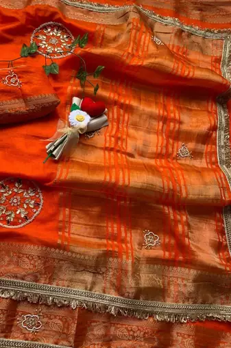Orange Color weaving jacquard border and sequence lace border Satin saree