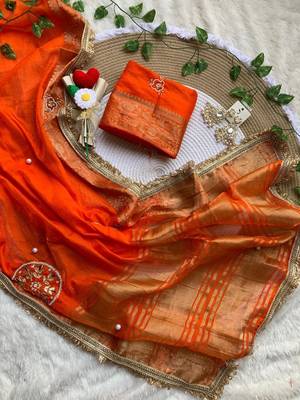 Orange Color weaving jacquard border and sequence lace border Satin saree 4